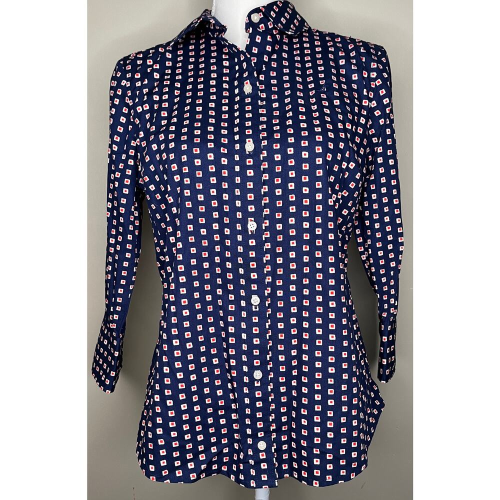 Nautica women’s button up blouse blue white red squares long sleeve cotton M